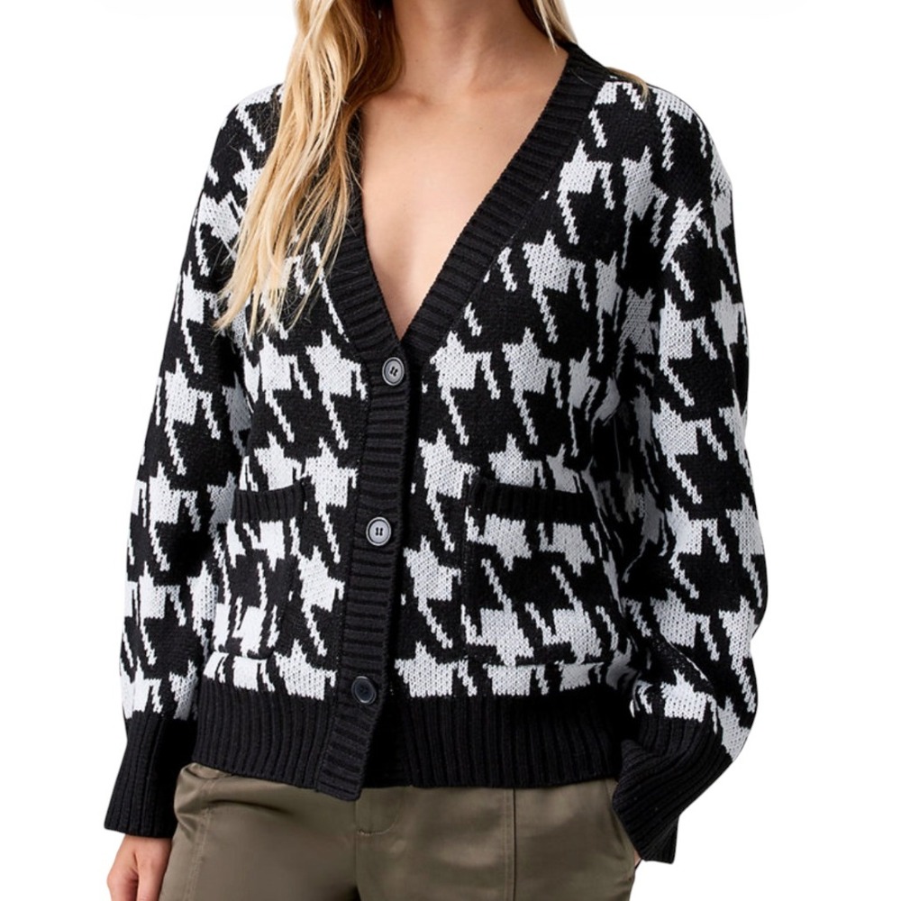 SANCTUARY Warms My Heart BLACK & WHITE HOUNDSTOOTH Sweater Cardigan V-Neck SZ M